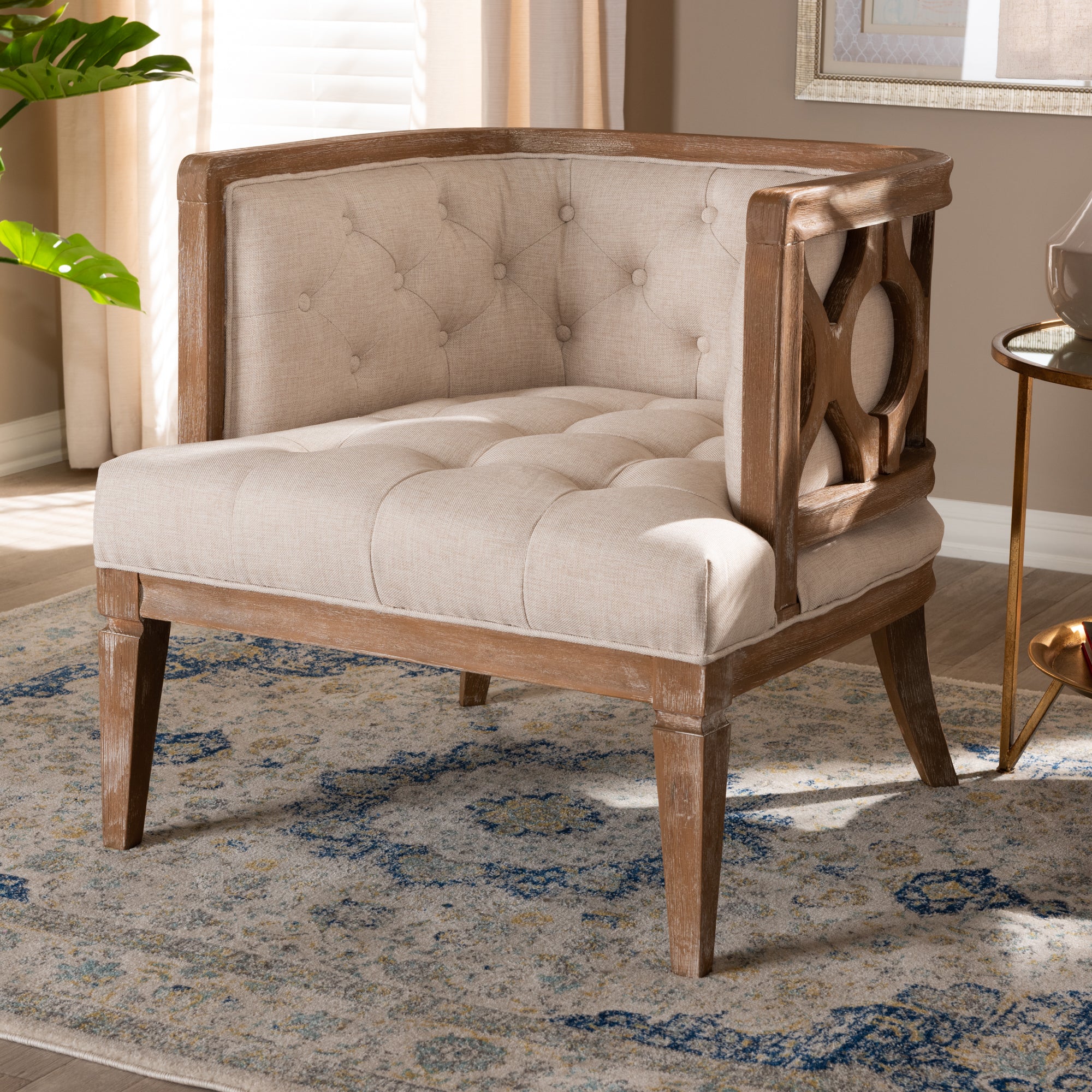 Esme French Provincial Beige Linen Fabric Upholstered and White-Washed Oak Wood Accent Barrel Chair