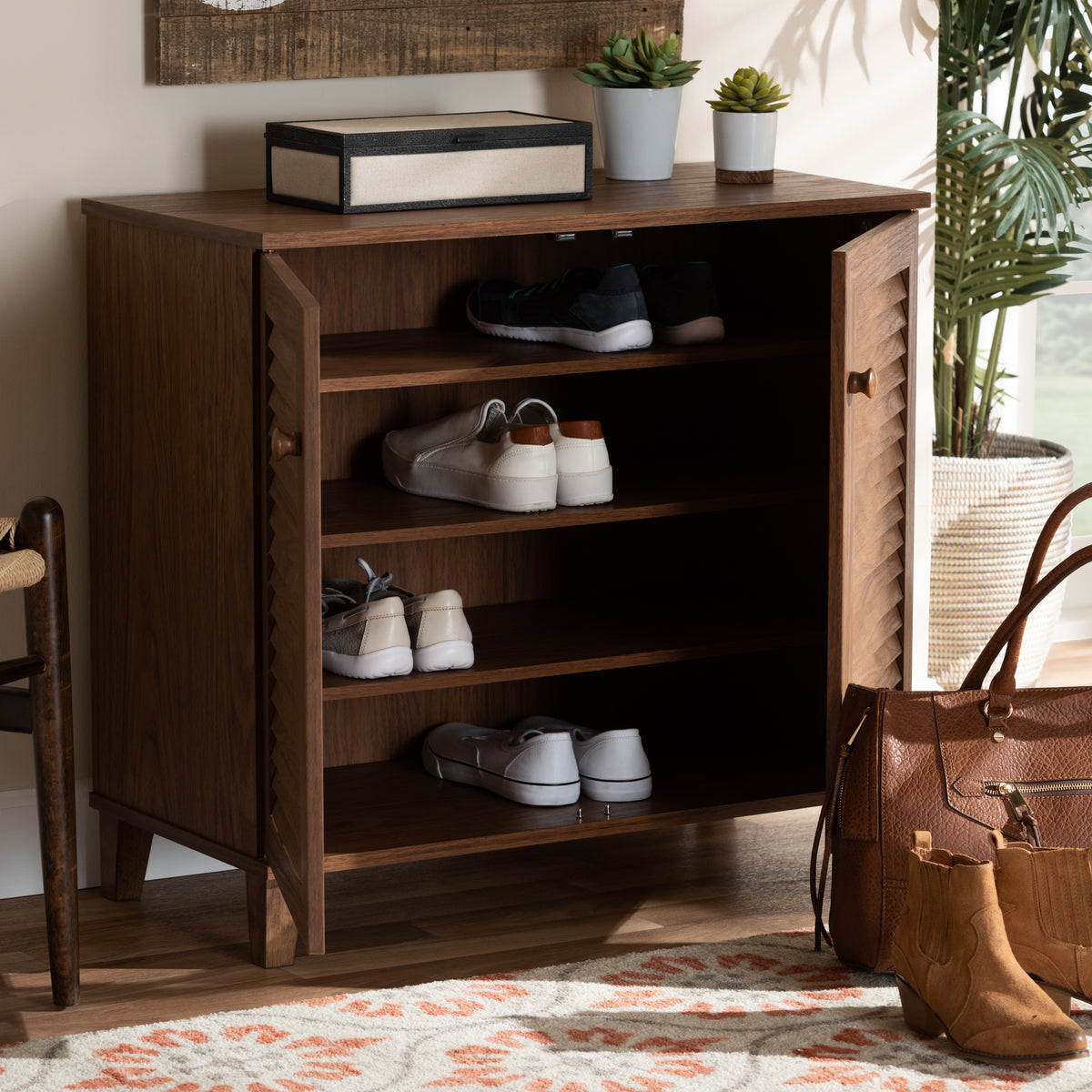 Coolidge Modern and Contemporary Walnut Finished 4-Shelf Wood Shoe Storage Cabinet
