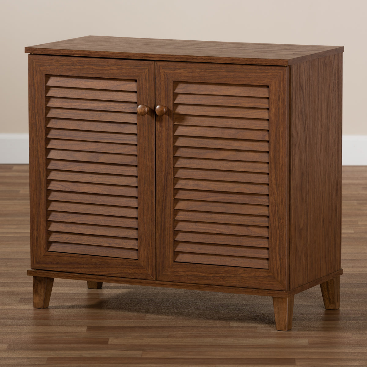 Coolidge Modern and Contemporary Walnut Finished 4-Shelf Wood Shoe Storage Cabinet