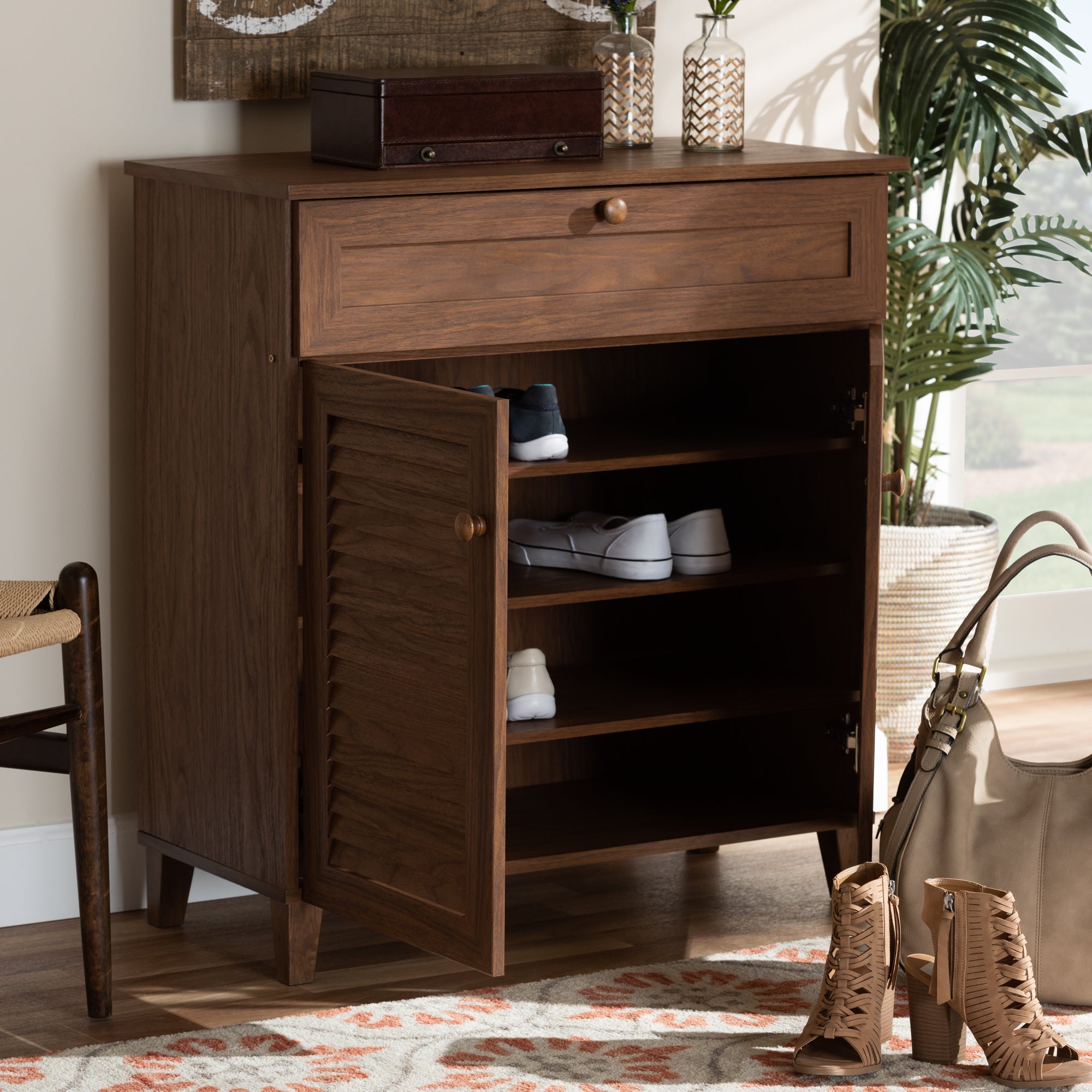 Coolidge Modern and Contemporary Walnut Finished 4-Shelf Wood Shoe Storage Cabinet with Drawer
