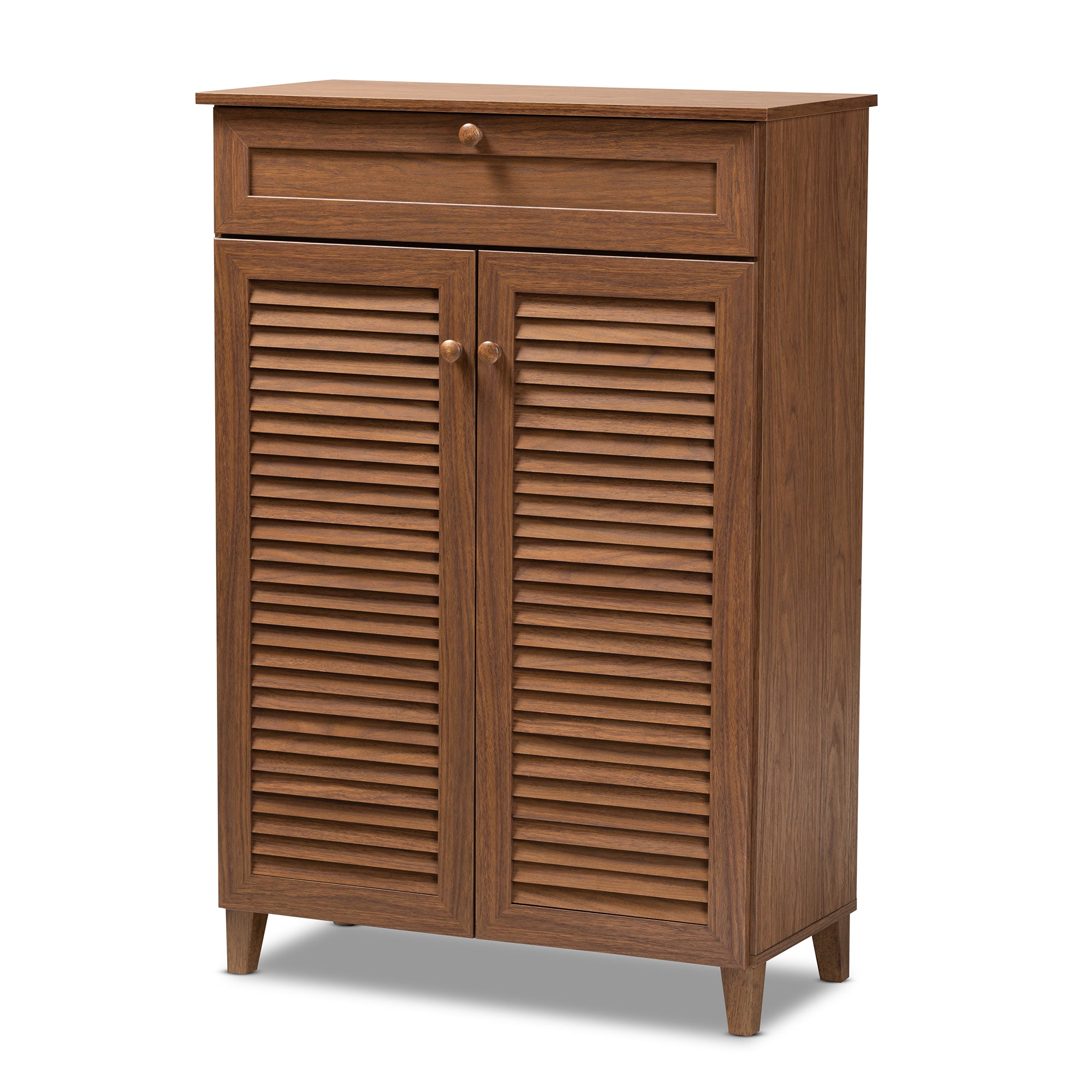 Coolidge Modern and Contemporary Walnut Finished 5-Shelf Wood Shoe Storage Cabinet with Drawer