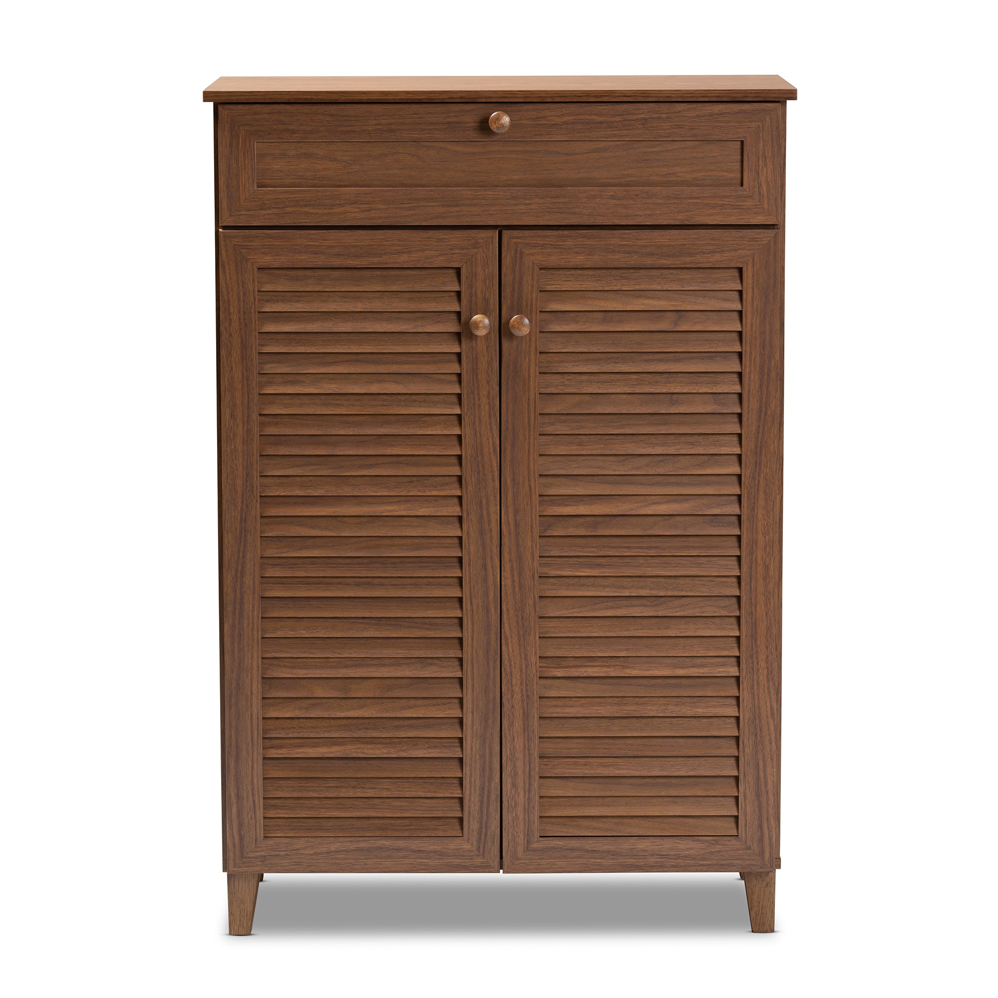 Coolidge Modern and Contemporary Walnut Finished 5-Shelf Wood Shoe Storage Cabinet with Drawer