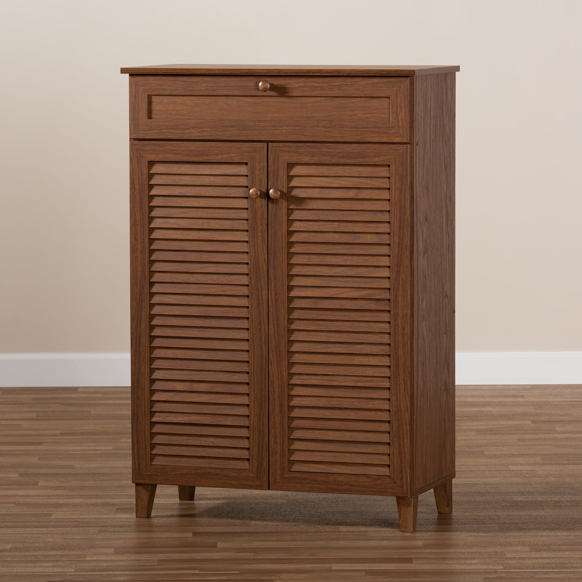 Coolidge Modern and Contemporary Walnut Finished 5-Shelf Wood Shoe Storage Cabinet with Drawer