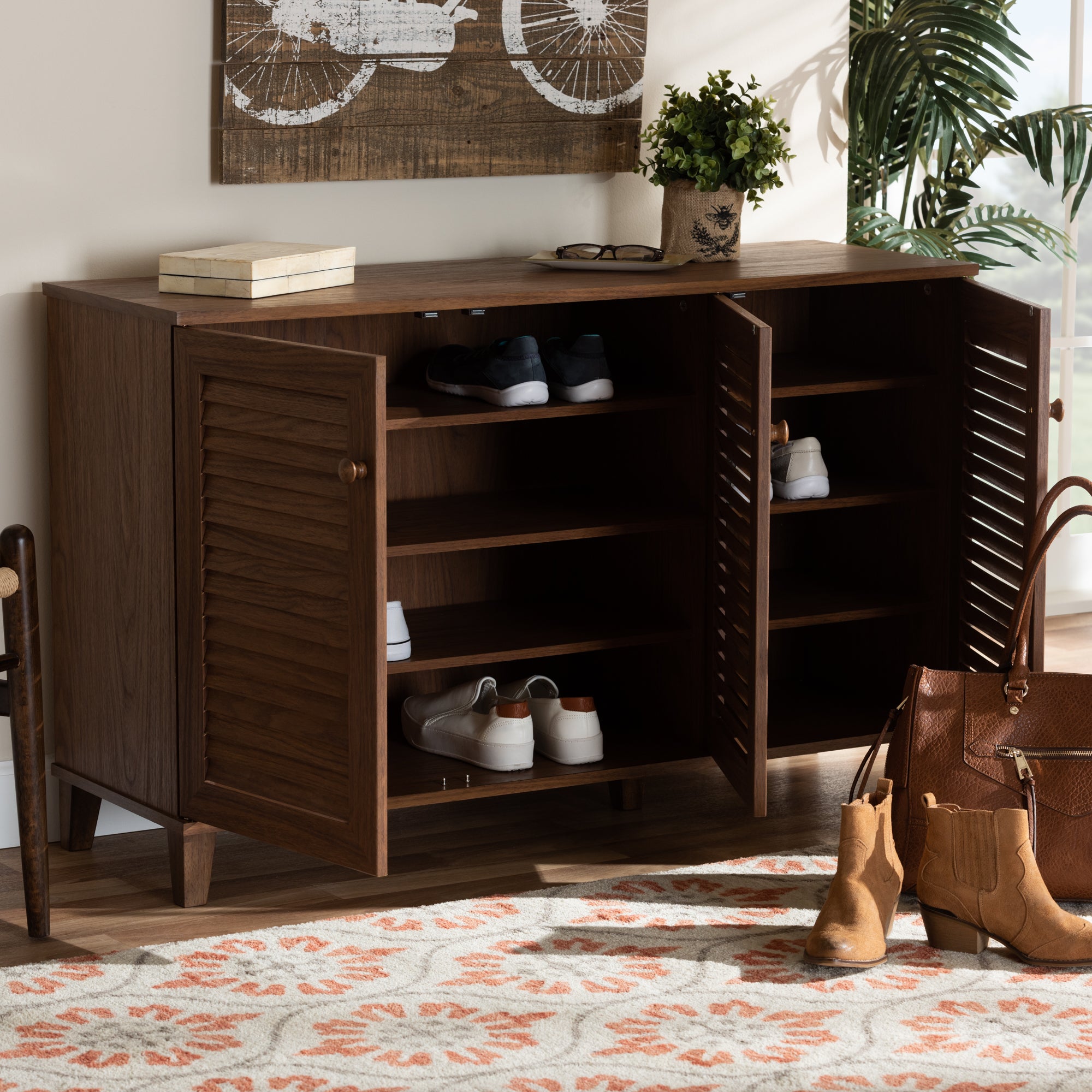 Coolidge Modern and Contemporary Walnut Finished 8-Shelf Wood Shoe Storage Cabinet