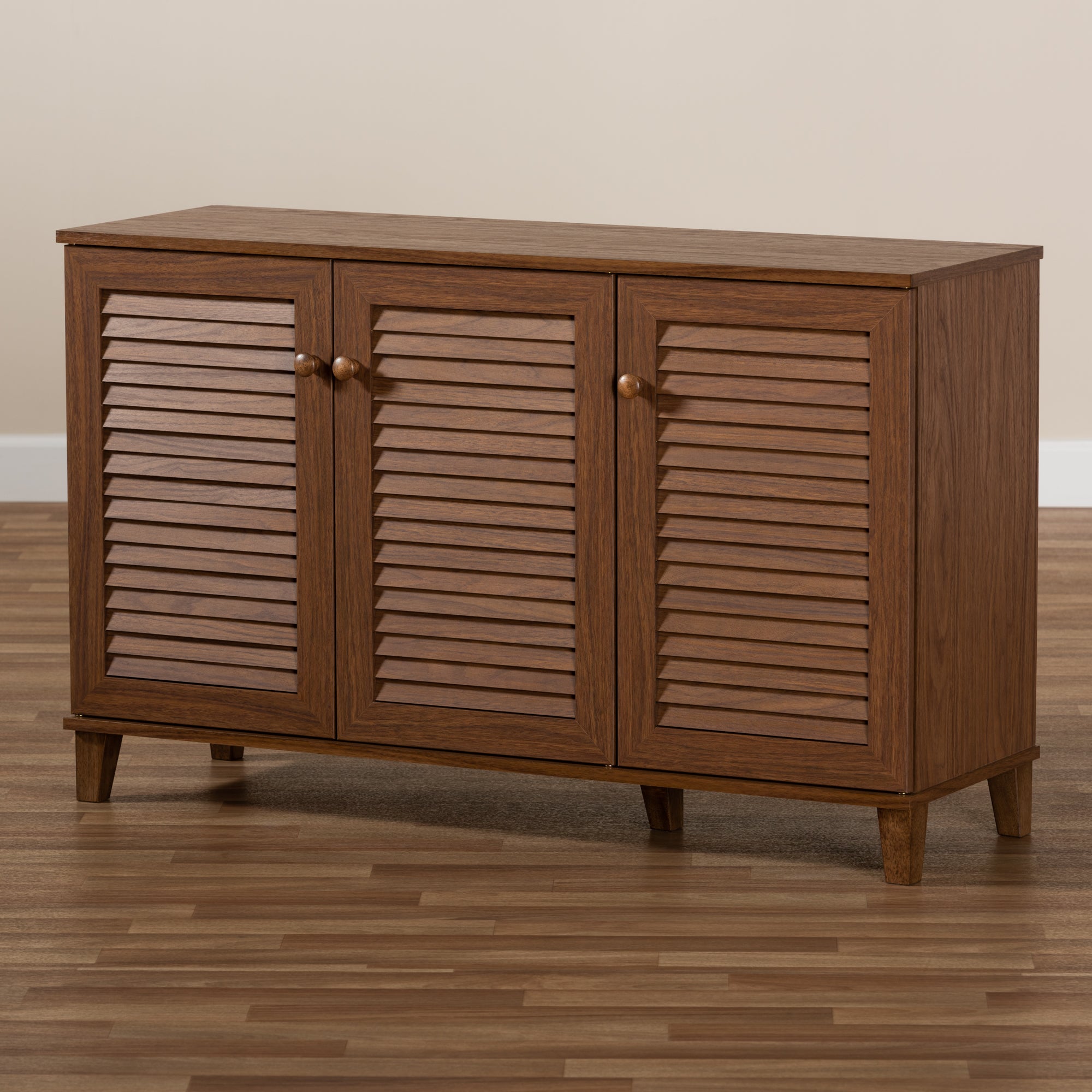 Coolidge Modern and Contemporary Walnut Finished 8-Shelf Wood Shoe Storage Cabinet