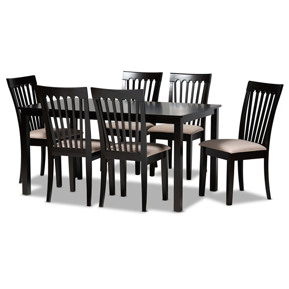 Minette Modern and Contemporary Sand Fabric Upholstered Espresso Brown Finished Wood 7-Piece Dining Set