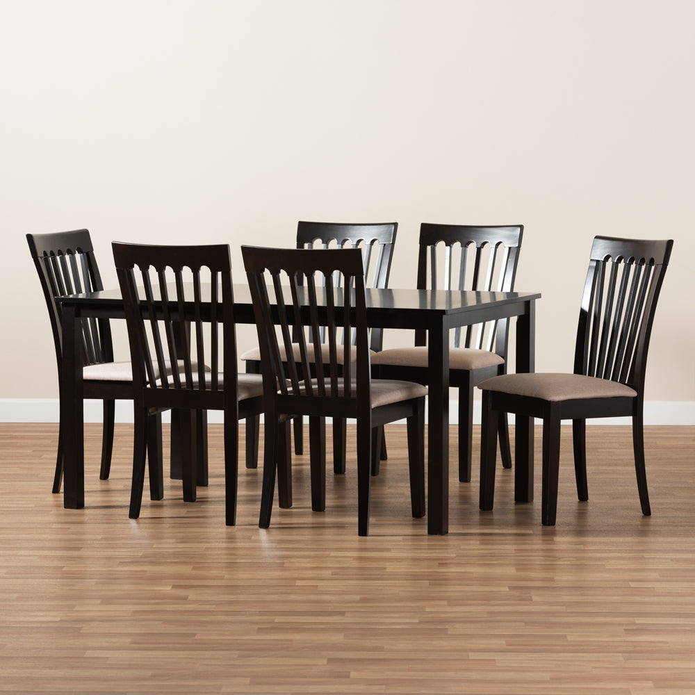 Minette Modern and Contemporary Sand Fabric Upholstered Espresso Brown Finished Wood 7-Piece Dining Set