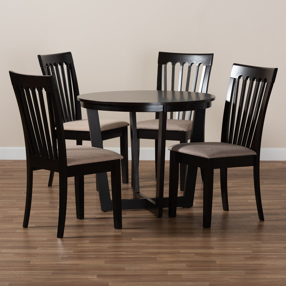 Nellie Modern and Contemporary Sand Fabric Upholstered and Dark Brown Finished Wood 5-Piece Dining Set