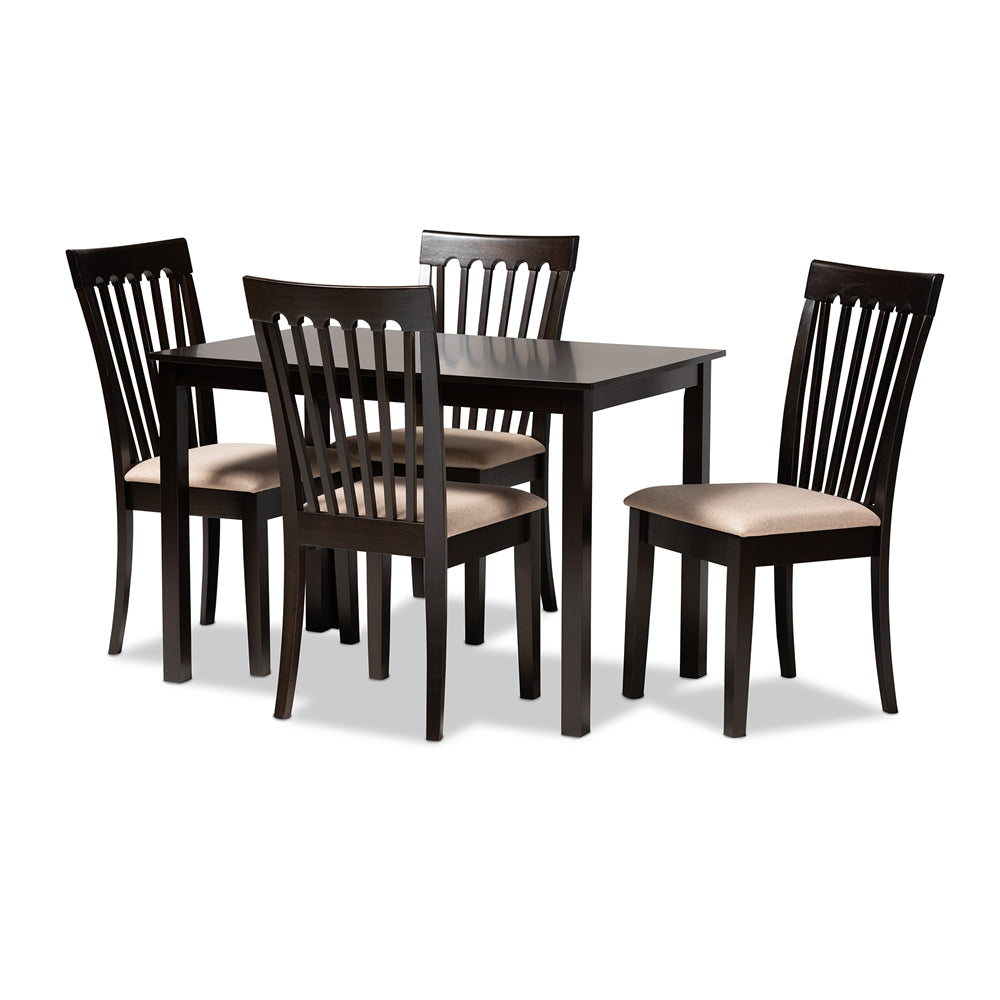 Minette Modern and Contemporary Sand Fabric Upholstered Espresso Brown Finished Wood 5-Piece Dining Set