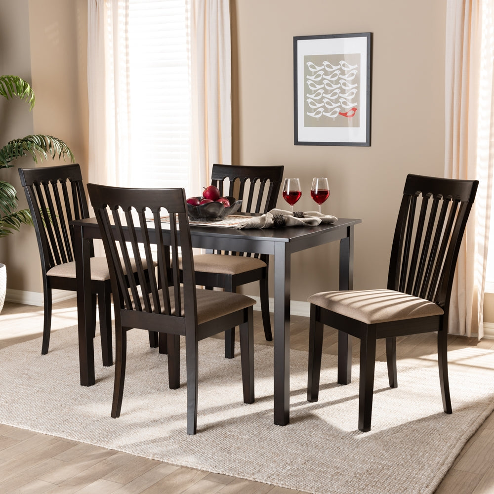 Minette Modern and Contemporary Sand Fabric Upholstered Espresso Brown Finished Wood 5-Piece Dining Set