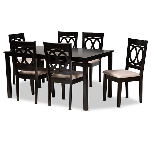 Lenoir Modern and Contemporary Sand Fabric Upholstered Espresso Brown Finished Wood 7-Piece Dining Set
