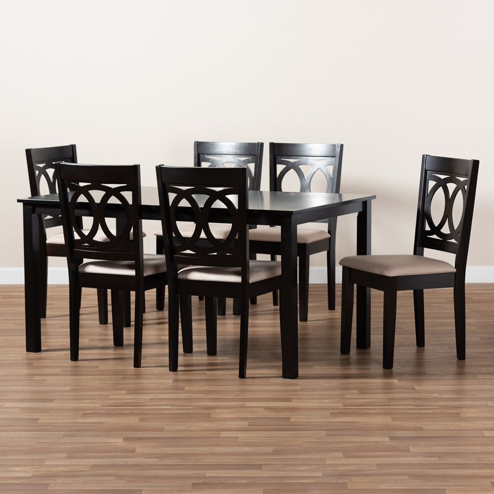 Lenoir Modern and Contemporary Sand Fabric Upholstered Espresso Brown Finished Wood 7-Piece Dining Set