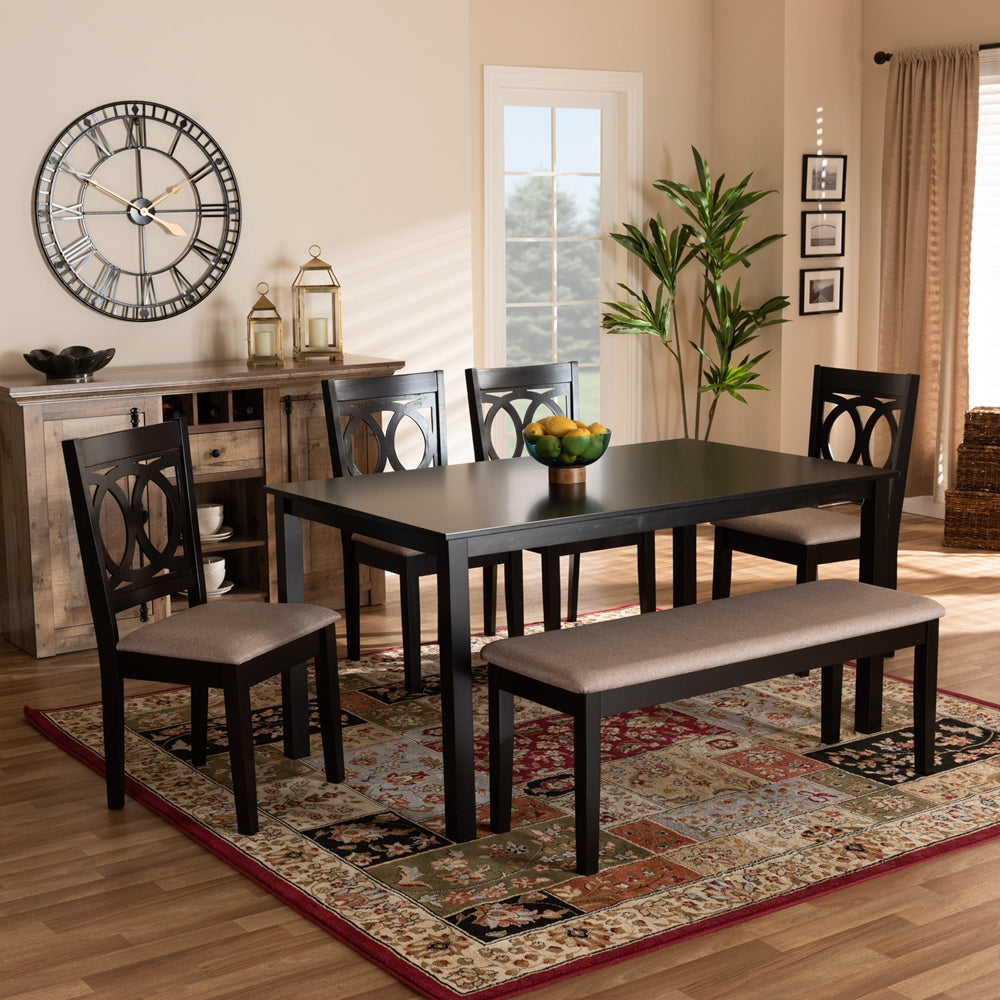 Bennett Modern and Contemporary Sand Fabric Upholstered and Dark Brown Finished Wood 6-Piece Dining Set