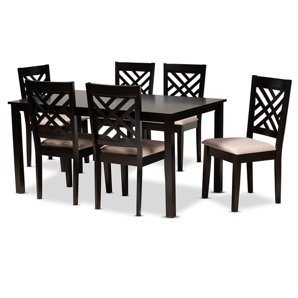 Caron Modern and Contemporary Sand Fabric Upholstered Espresso Brown Finished Wood 7-Piece Dining Set