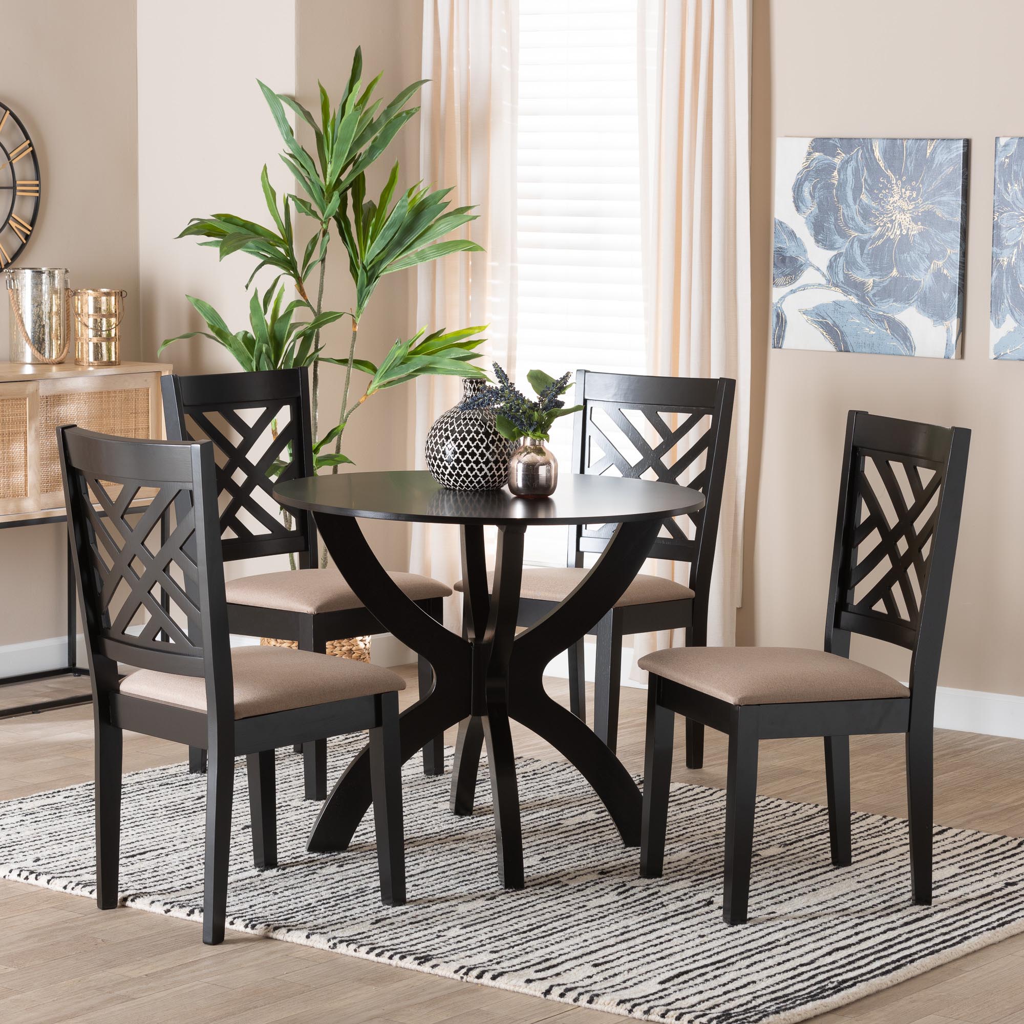 Edona Modern Sand Fabric and Walnut Brown Finished Wood 5-Piece Dining Set