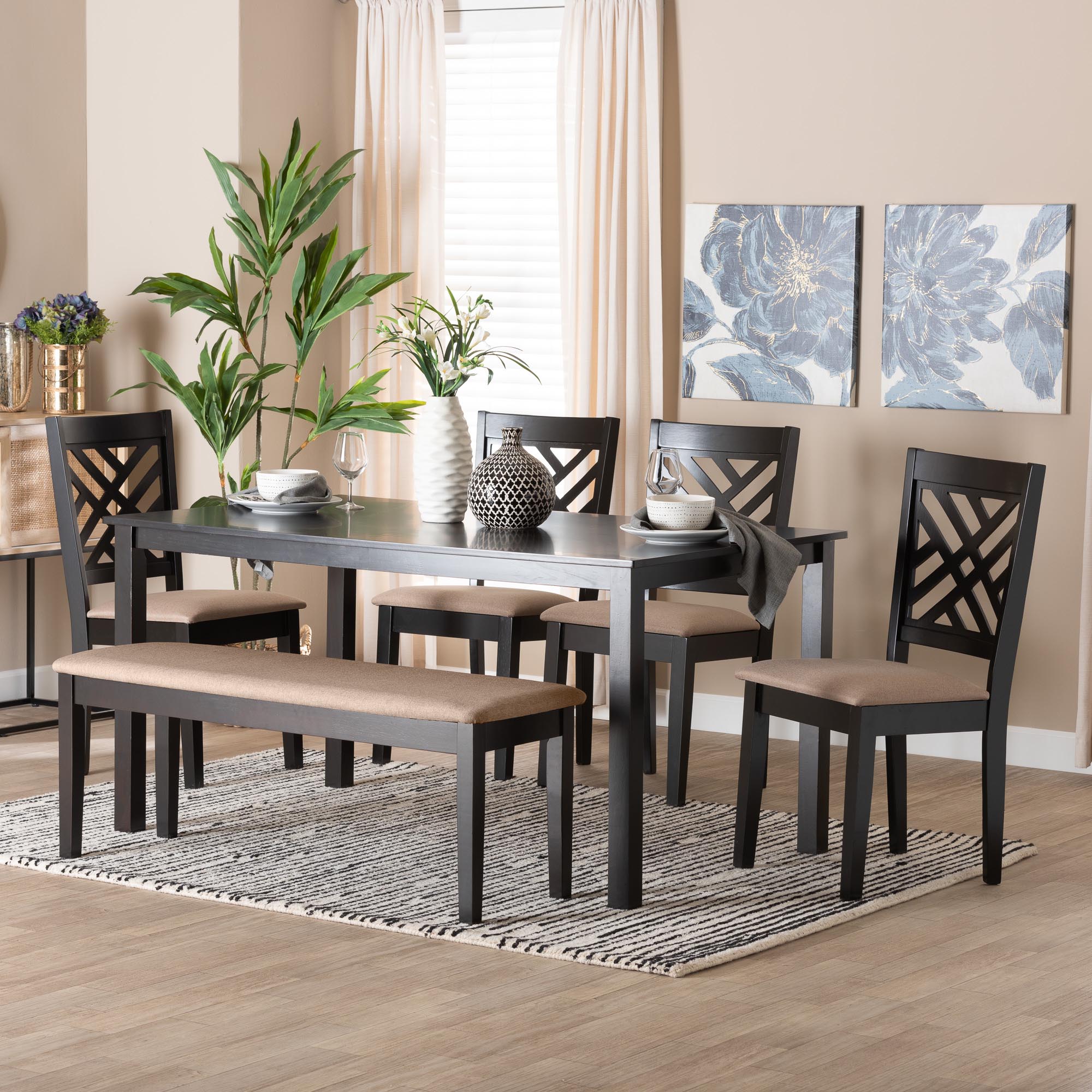 Gustavo Modern Sand Fabric and Walnut Brown Finished Wood 6-Piece Dining Set