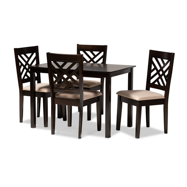 Caron Modern and Contemporary Sand Fabric Upholstered Espresso Brown Finished Wood 5-Piece Dining Set