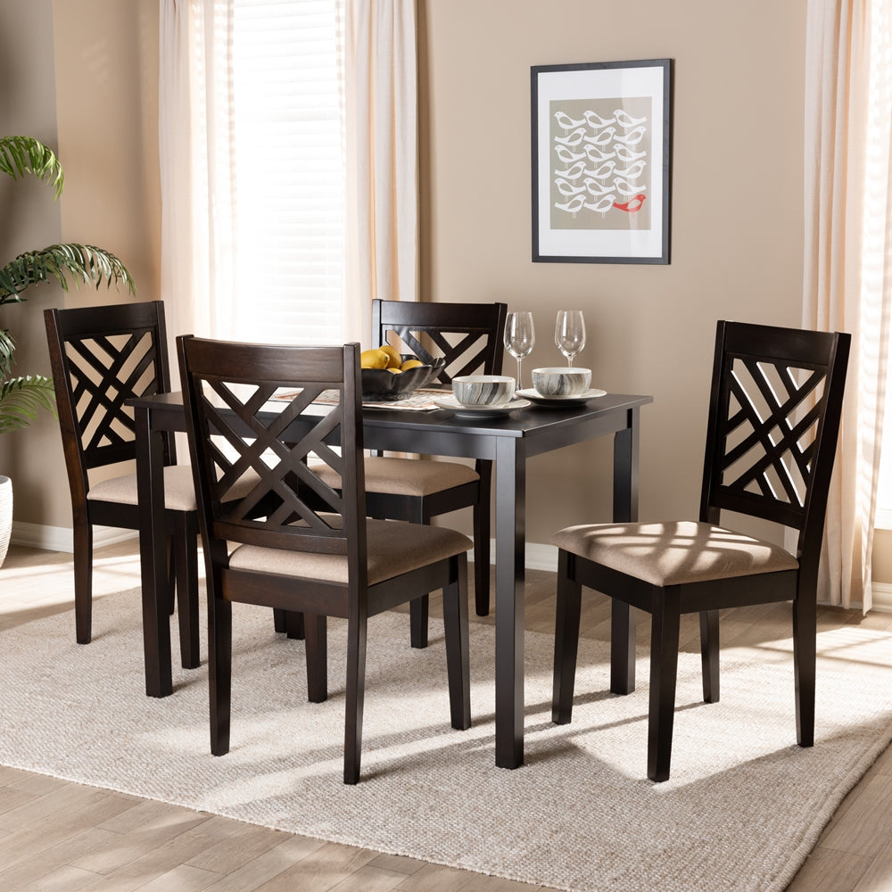 Caron Modern and Contemporary Sand Fabric Upholstered Espresso Brown Finished Wood 5-Piece Dining Set