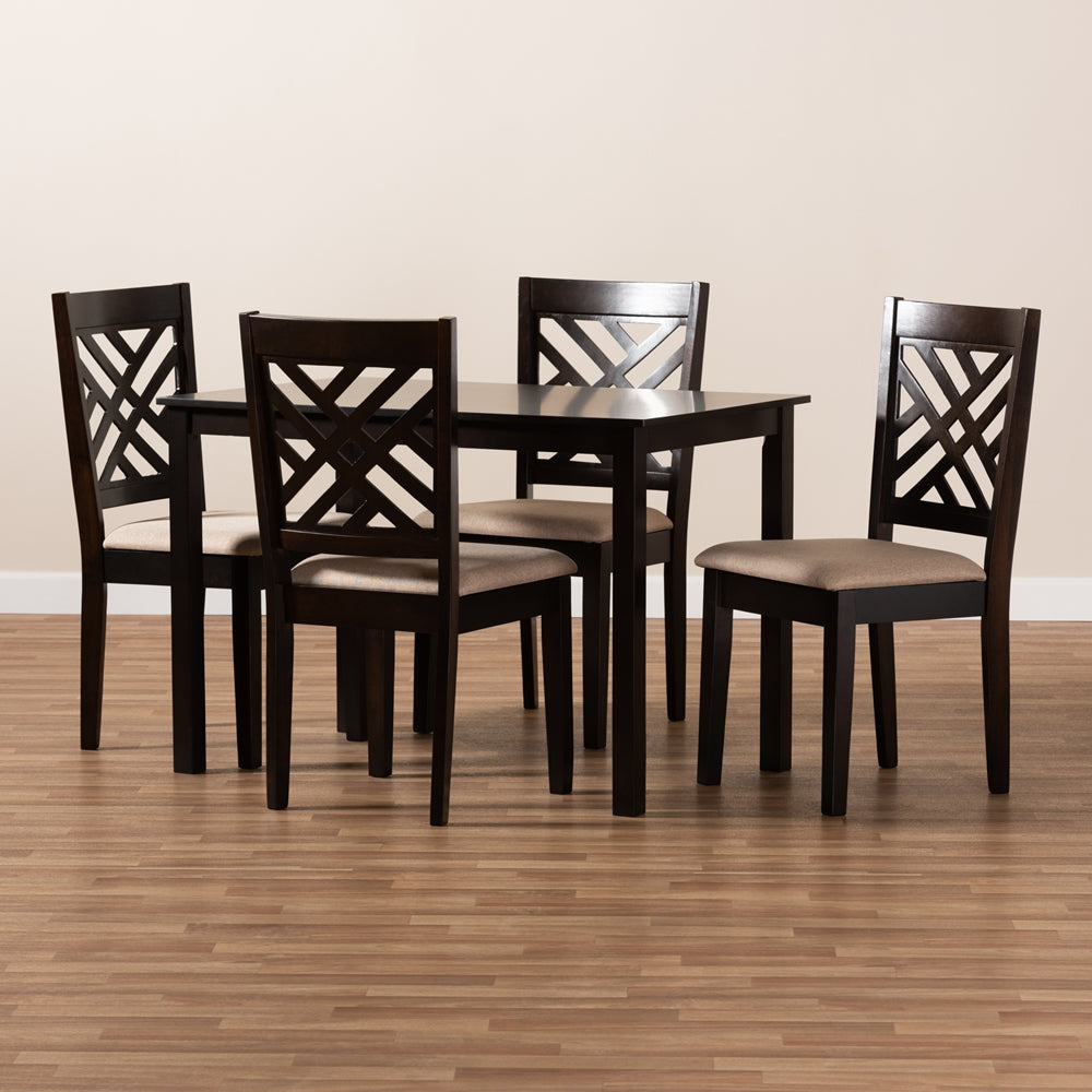 Caron Modern and Contemporary Sand Fabric Upholstered Espresso Brown Finished Wood 5-Piece Dining Set