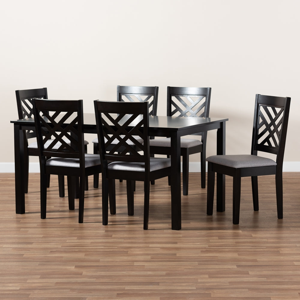 Caron Modern and Contemporary Grey Fabric Upholstered Espresso Brown Finished Wood 7-Piece Dining Set