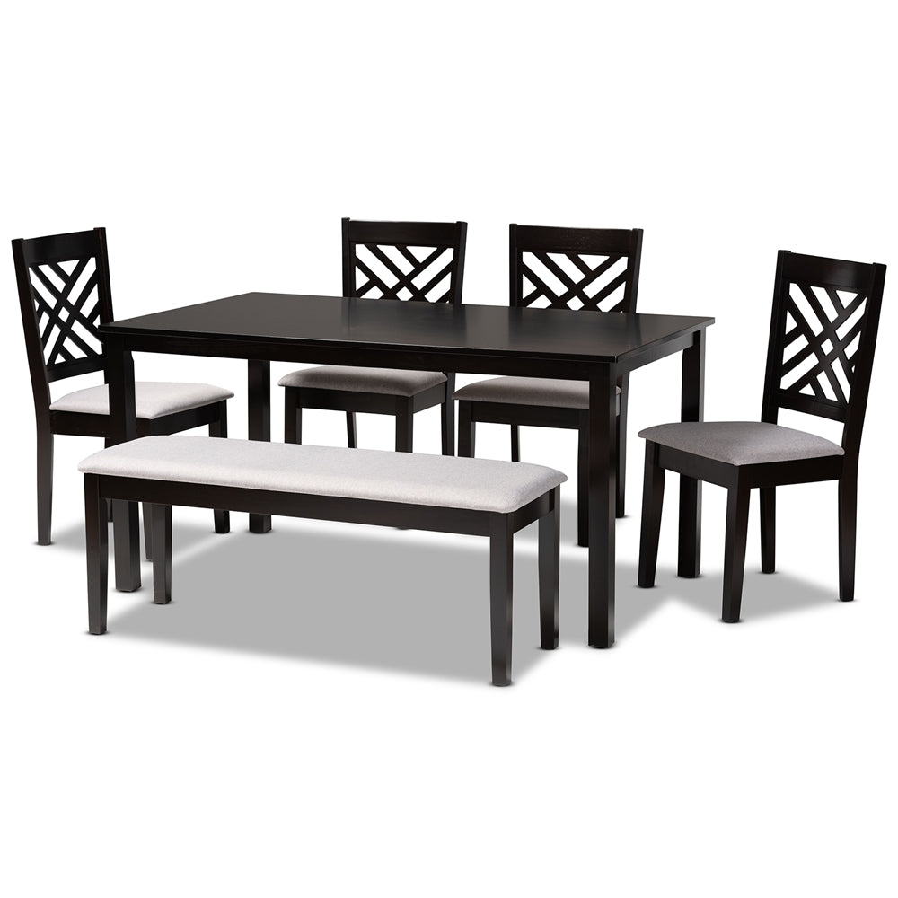 Gustavo Modern and Contemporary Grey Fabric Upholstered and Dark Brown Finished Wood 6-Piece Dining Set