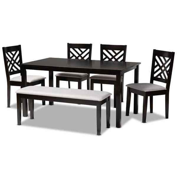 Gustavo Modern and Contemporary Grey Fabric Upholstered and Dark Brown Finished Wood 6-Piece Dining Set