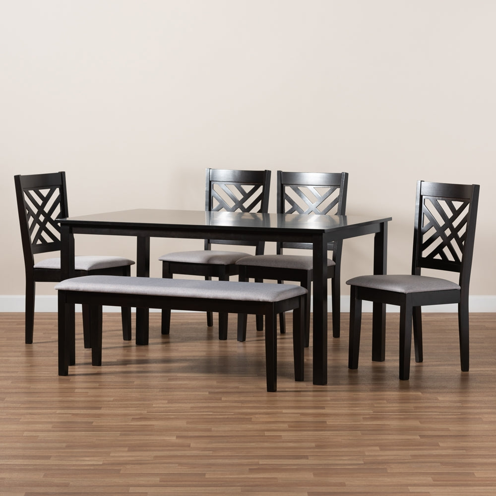 Gustavo Modern and Contemporary Grey Fabric Upholstered and Dark Brown Finished Wood 6-Piece Dining Set