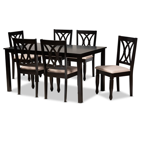 Reneau Modern and Contemporary Sand Fabric Upholstered Espresso Brown Finished Wood 7-Piece Dining Set