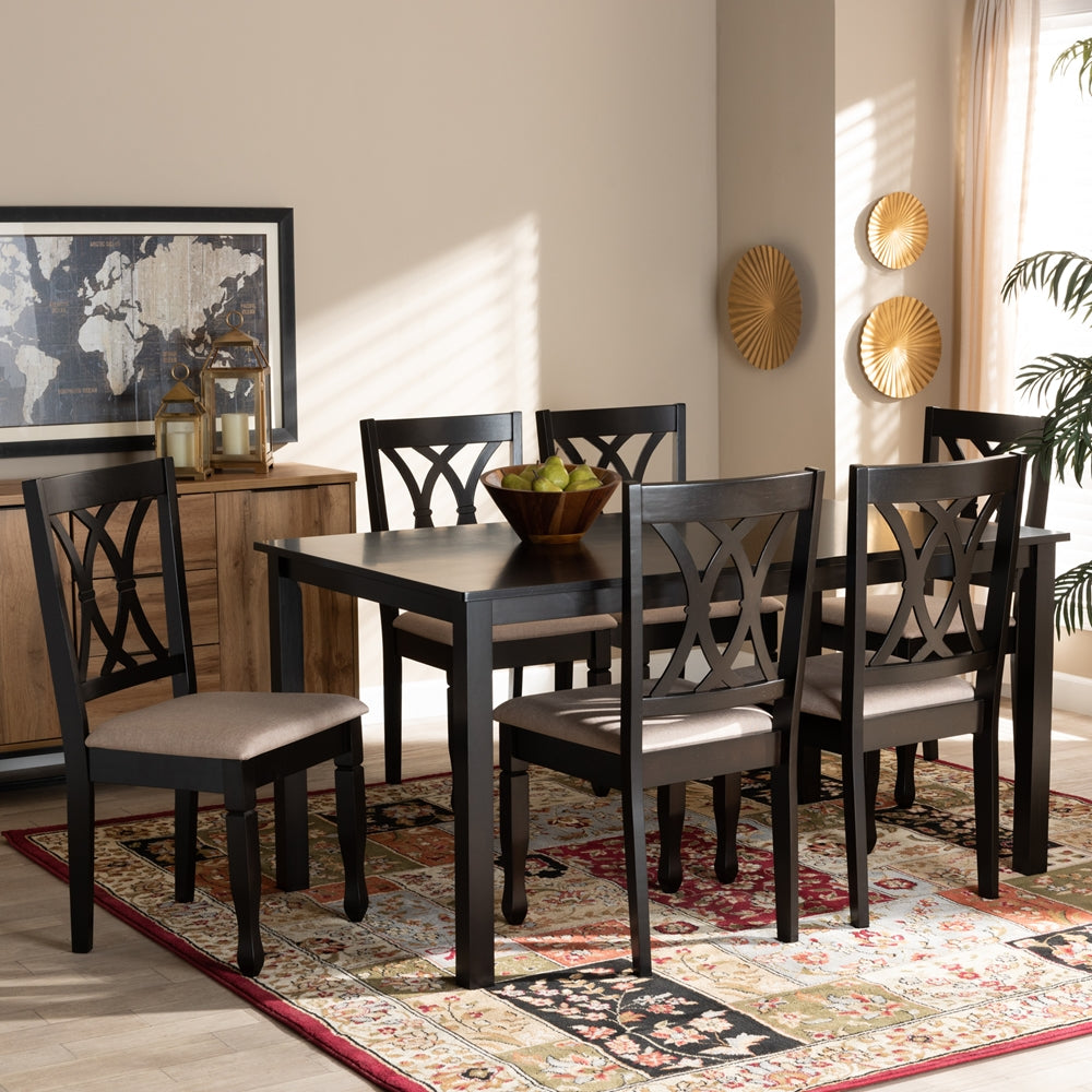 Reneau Modern and Contemporary Sand Fabric Upholstered Espresso Brown Finished Wood 7-Piece Dining Set