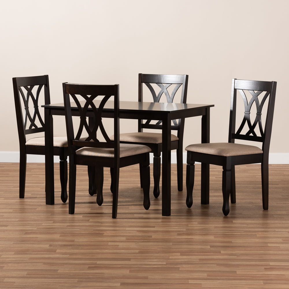Reneau Modern and Contemporary Sand Fabric Upholstered Espresso Brown Finished Wood 5-Piece Dining Set