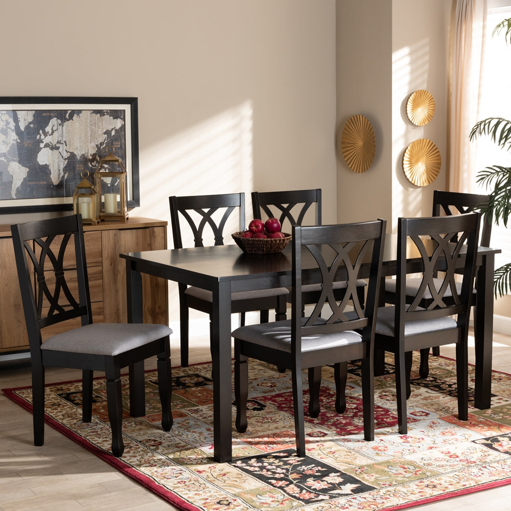 Reneau Modern and Contemporary Grey Fabric Upholstered Espresso Brown Finished Wood 7-Piece Dining Set