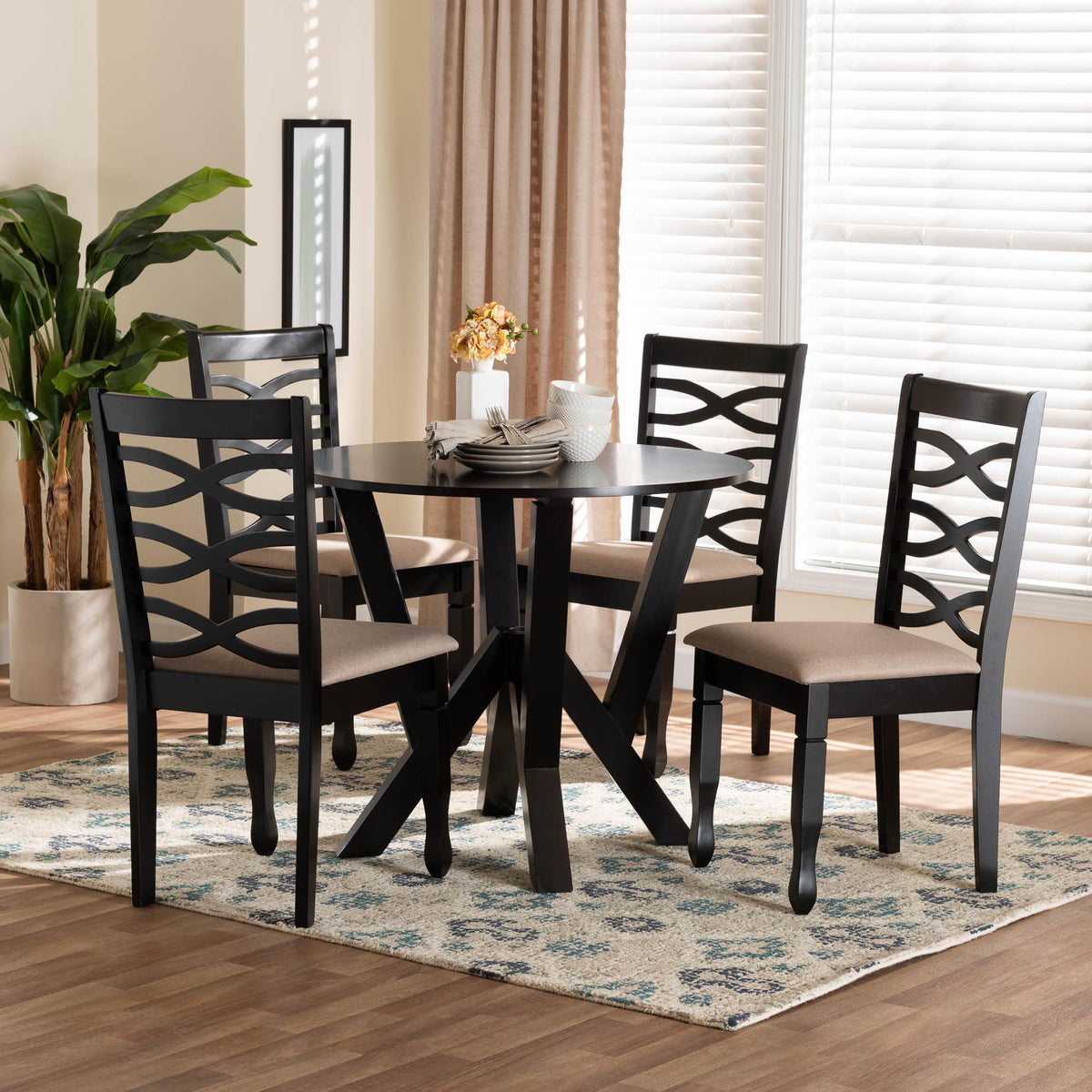 Ariane Modern Sand Fabric and Dark Brown Finished Wood 5-Piece Dining Set