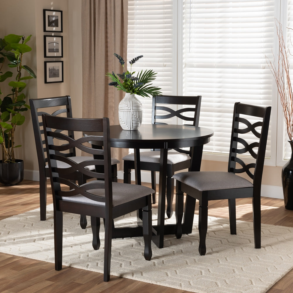 Leda Modern and Contemporary Grey Fabric Upholstered and Dark Brown Finished Wood 5-Piece Dining Set