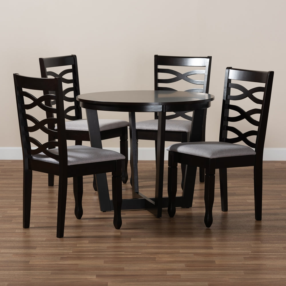 Leda Modern and Contemporary Grey Fabric Upholstered and Dark Brown Finished Wood 5-Piece Dining Set