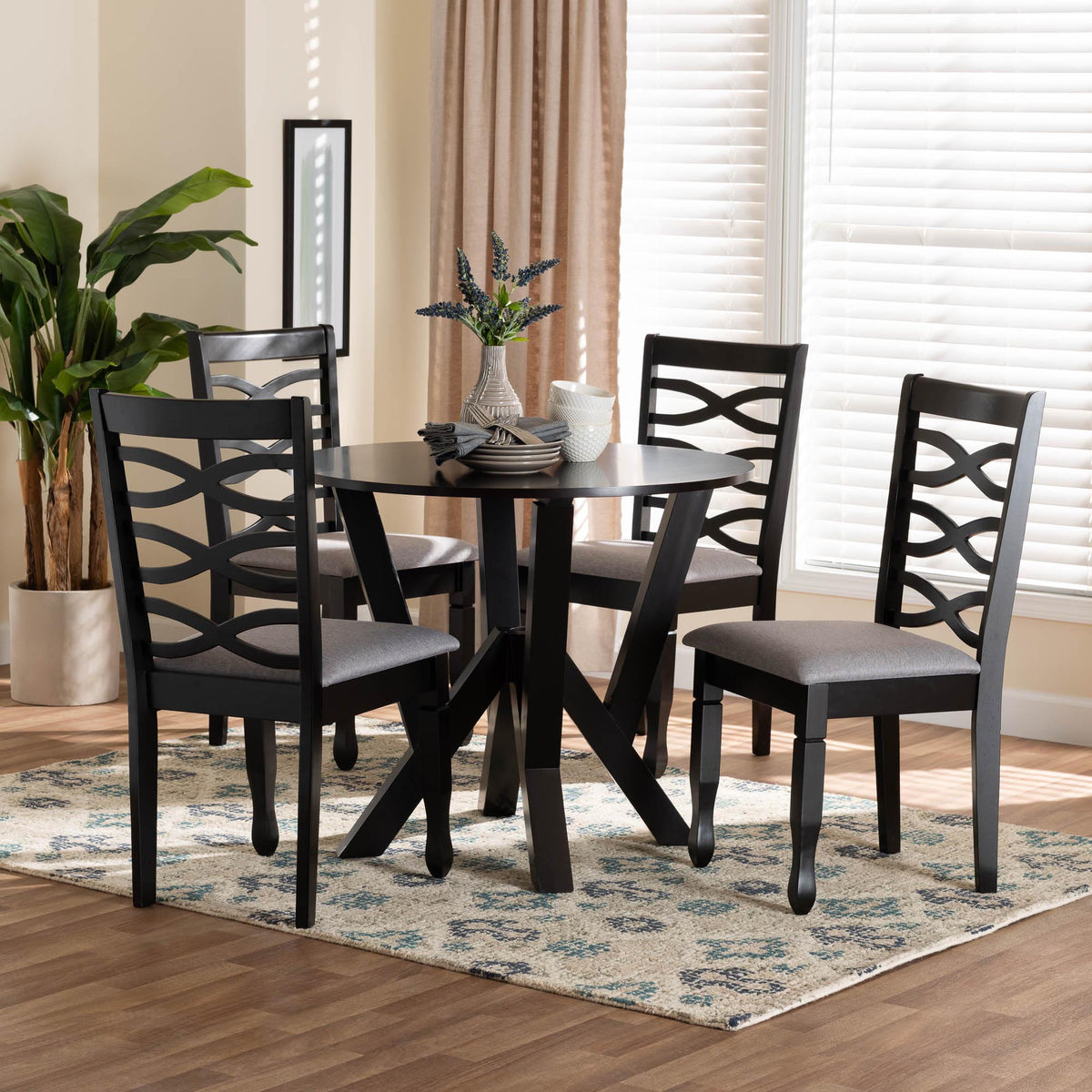 Ariane Modern Grey Fabric and Dark Brown Finished Wood 5-Piece Dining Set