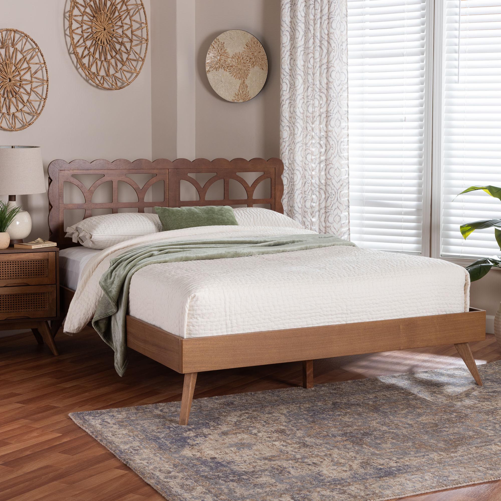 Shukura Platform Bed - Mid-Century Modern Bed with Lasercut Headboard and Scalloped Detailing for Bedroom or Guestroom, Queen
