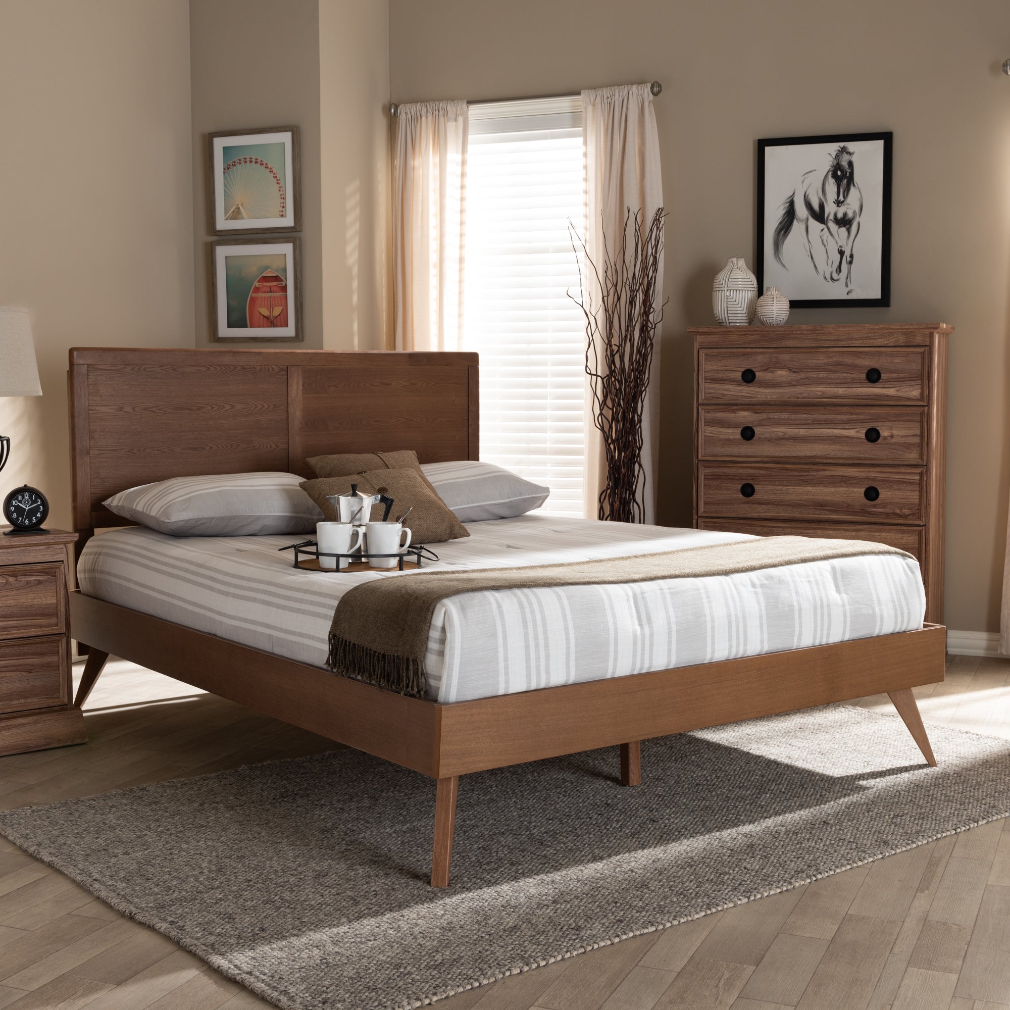 Zenon Mid-Century Modern Walnut Brown Finished Wood Full Size Platform Bed