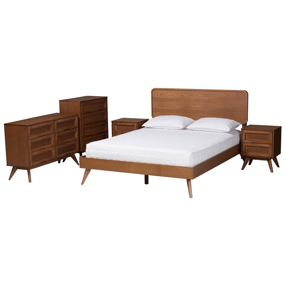 Demeter Mid-Century Modern Walnut Brown Finished Wood Full Size 5-Piece Bedroom Set