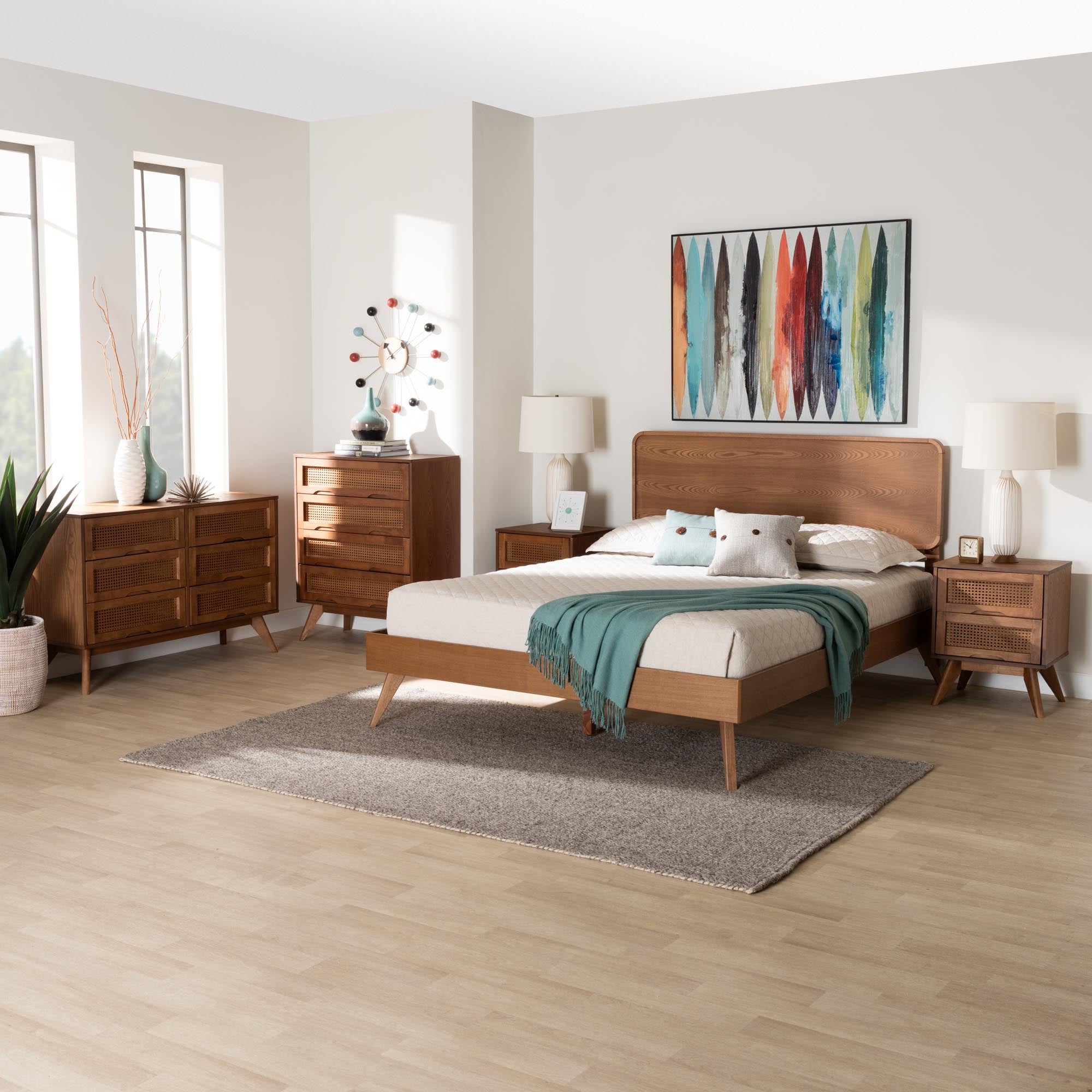 Demeter Mid-Century Modern Walnut Brown Finished Wood Full Size 5-Piece Bedroom Set