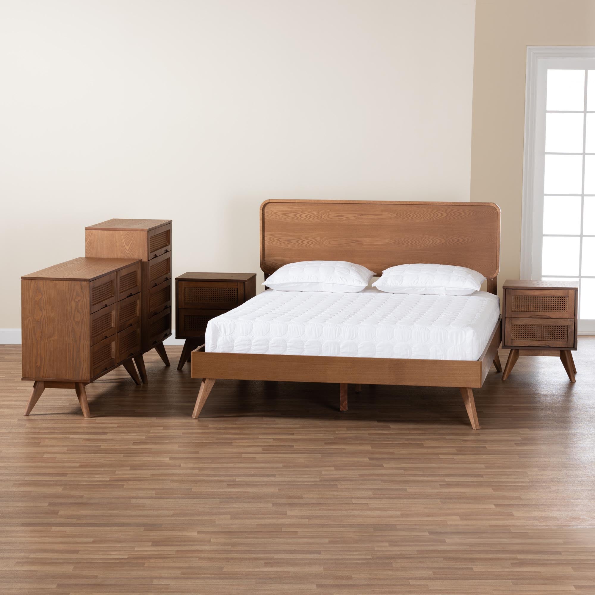 Demeter Mid-Century Modern Walnut Brown Finished Wood Full Size 5-Piece Bedroom Set