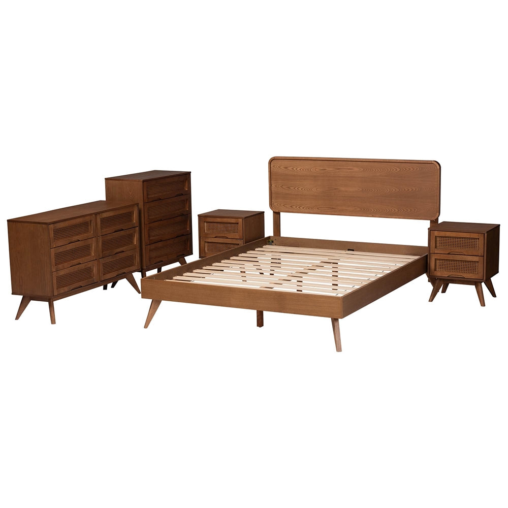 Demeter Mid-Century Modern Walnut Brown Finished Wood Full Size 5-Piece Bedroom Set