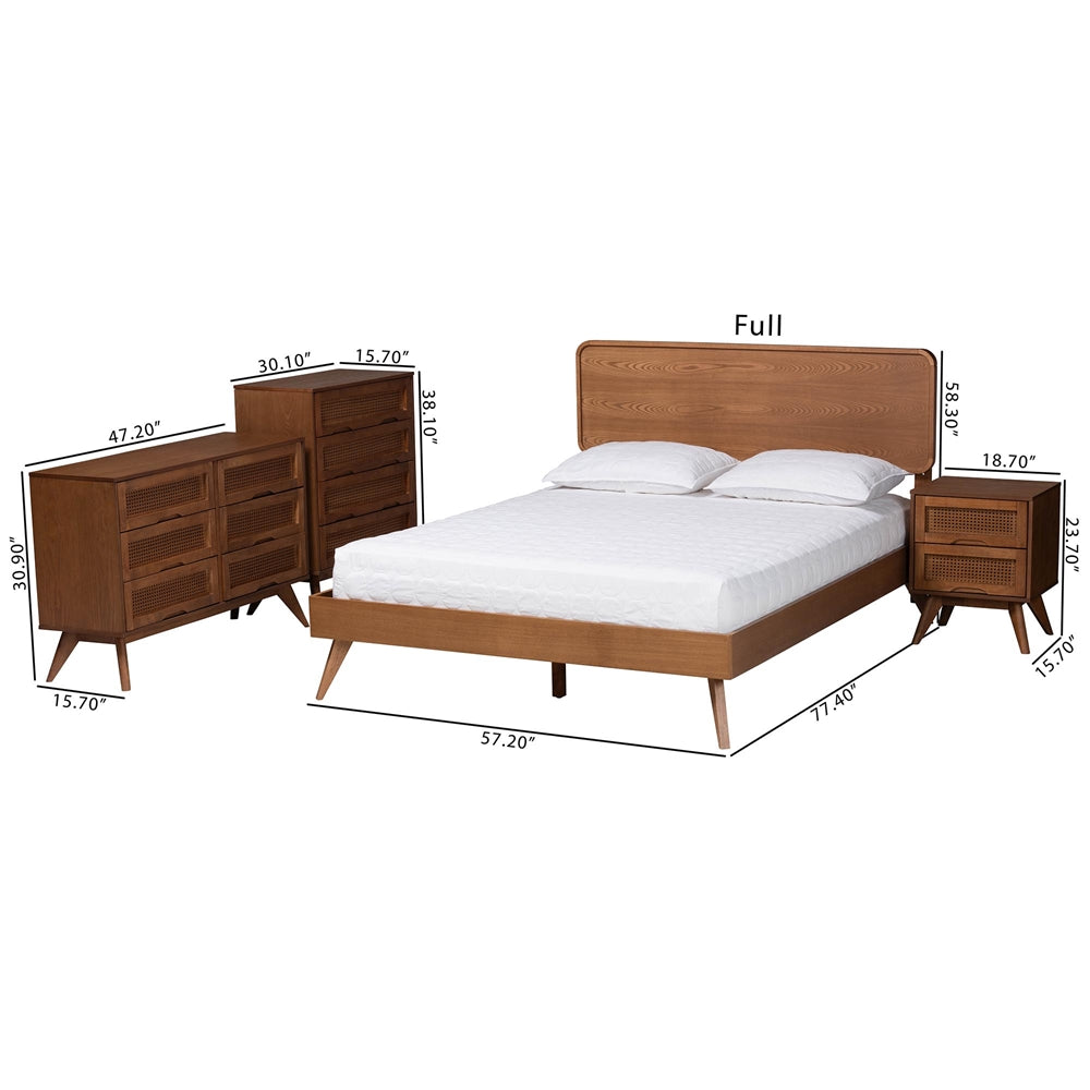 Demeter Mid-Century Modern Walnut Brown Finished Wood Full Size 4-Piece Bedroom Set