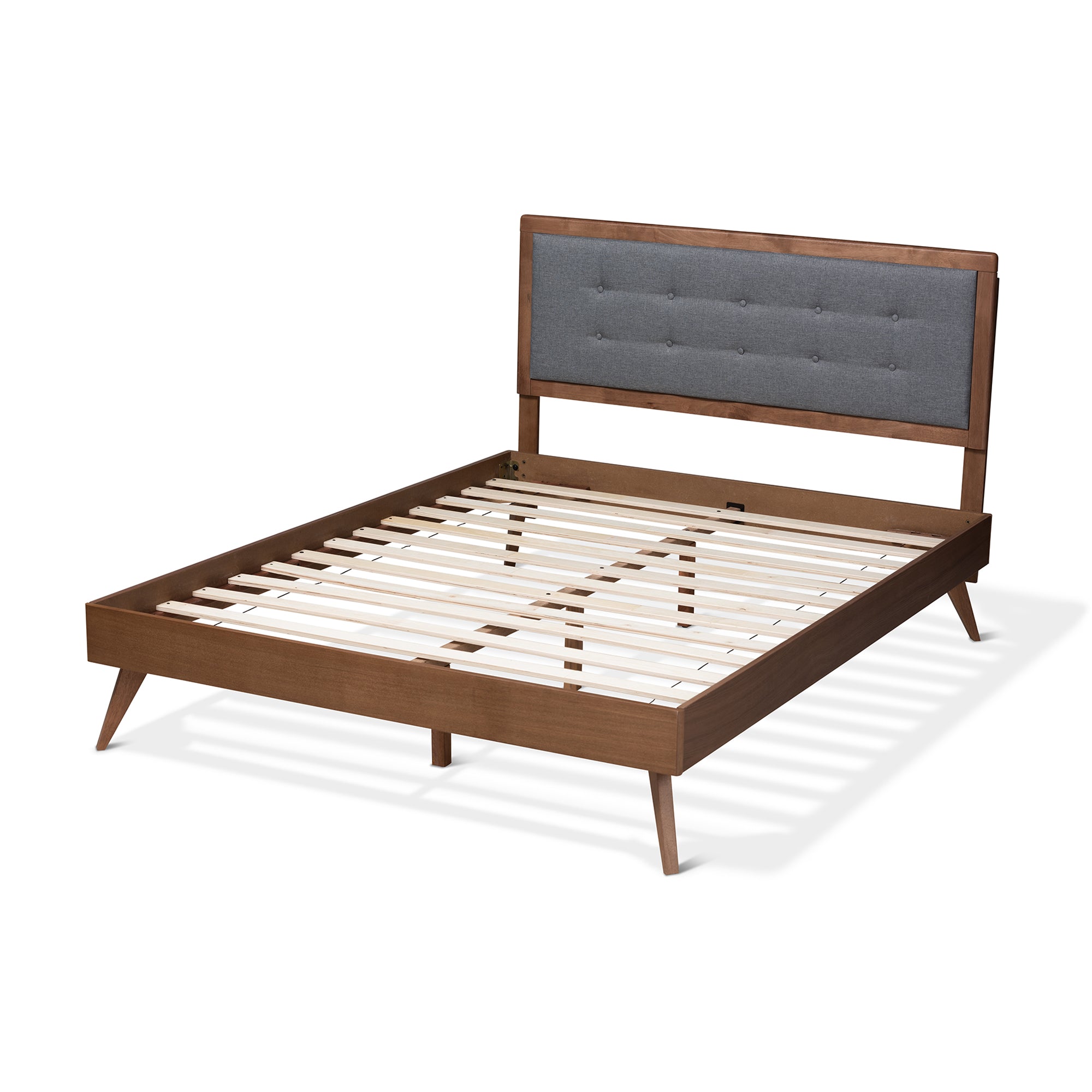 Ines King Bed Dark Grey Upholstery Walnut Finish Mid-Century Design