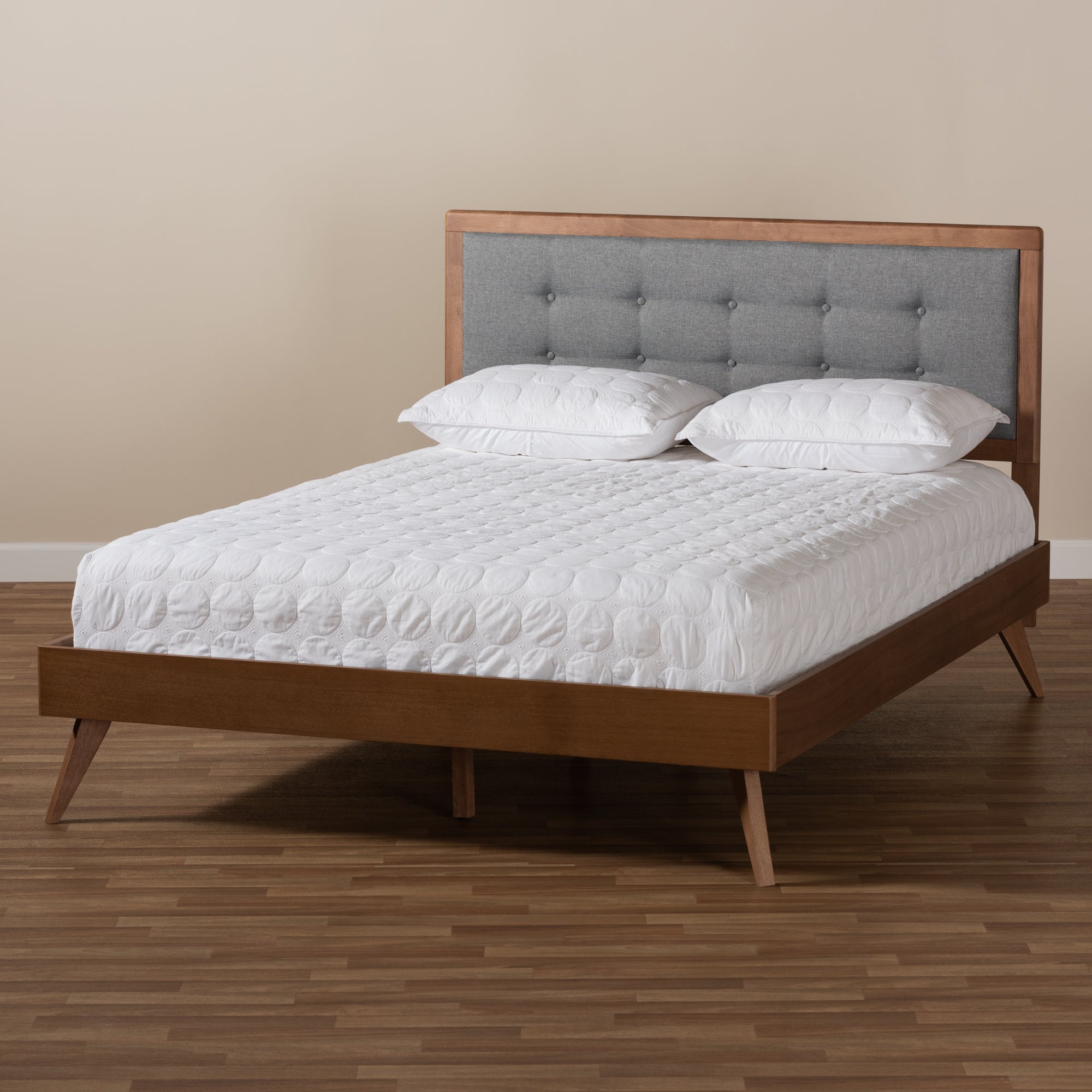 Ines Full Bed Dark Grey Fabric Walnut Finish Mid-Century Style