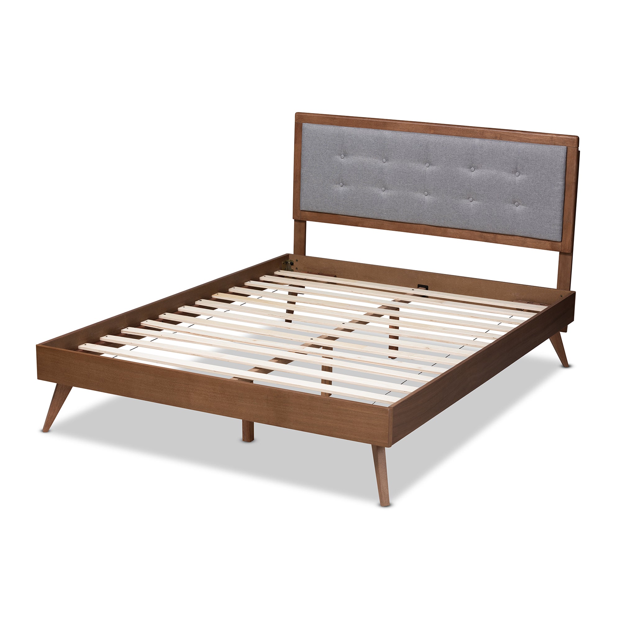 Ines Mid-Century Modern Light Grey Fabric Upholstered Walnut Brown Finished Wood Full Size Platform Bed