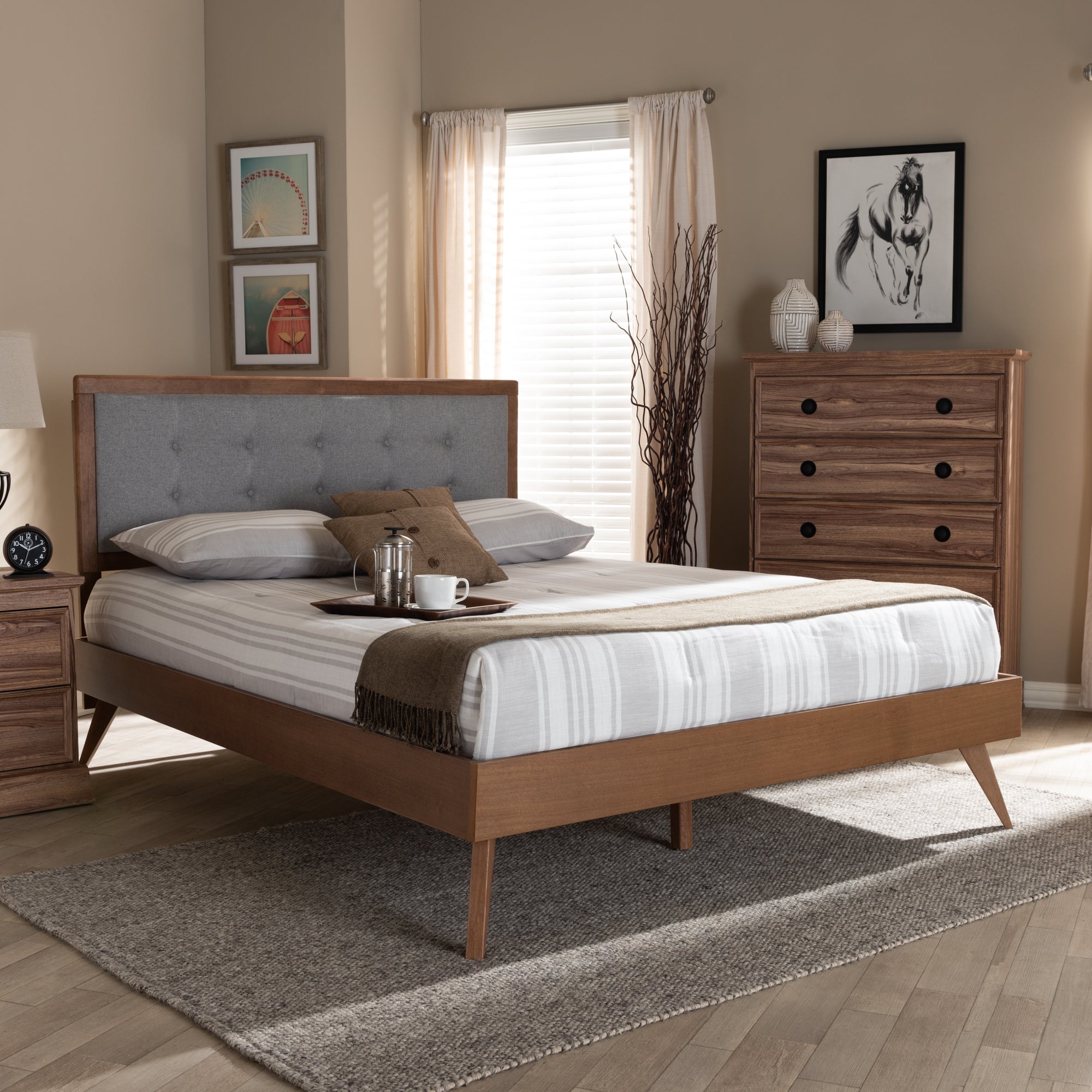 Ines Mid-Century Modern Light Grey Fabric Upholstered Walnut Brown Finished Wood Queen Size Platform Bed