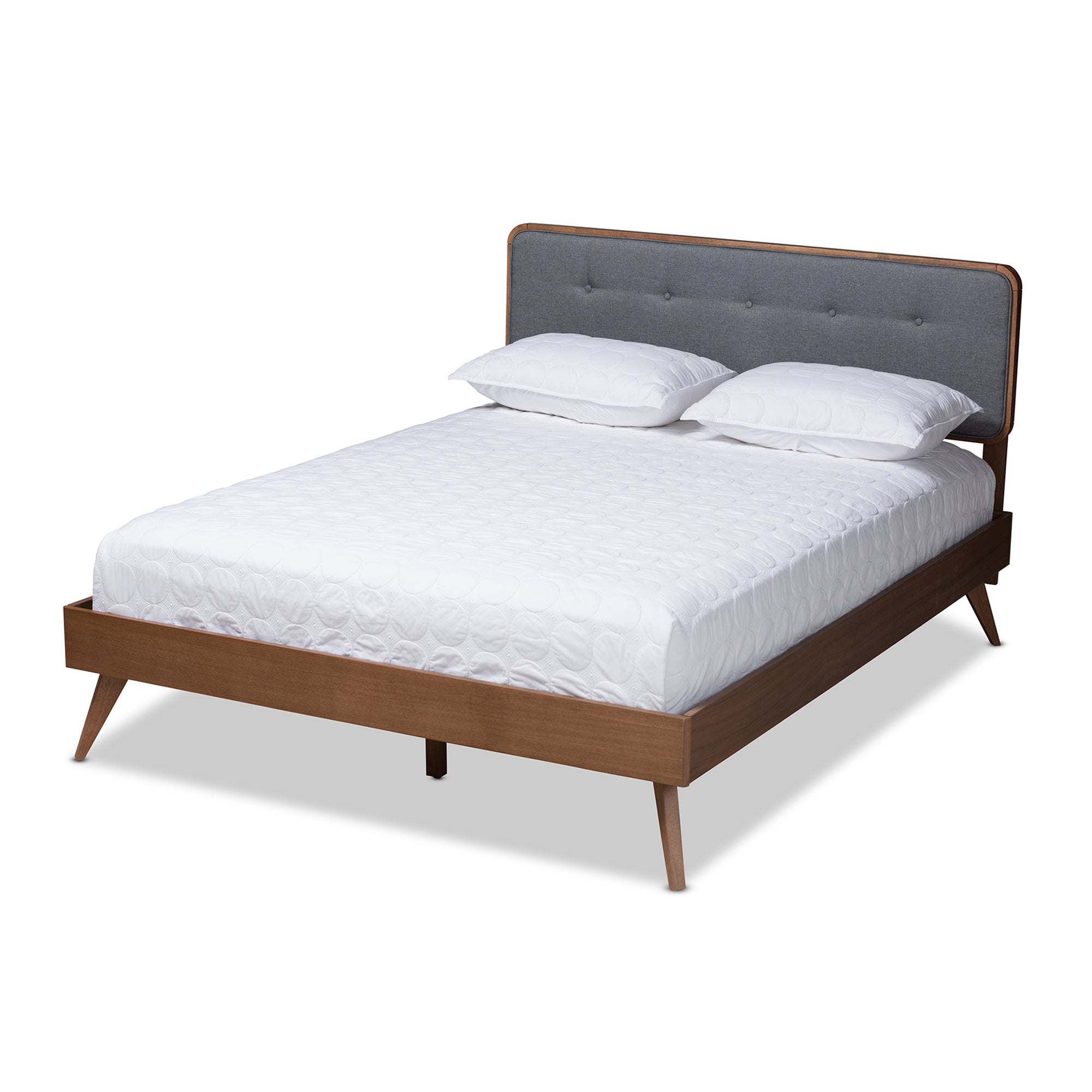 Dilara Mid-Century Modern Dark Grey Fabric Upholstered Walnut Brown Finished Wood Queen Size Platform Bed