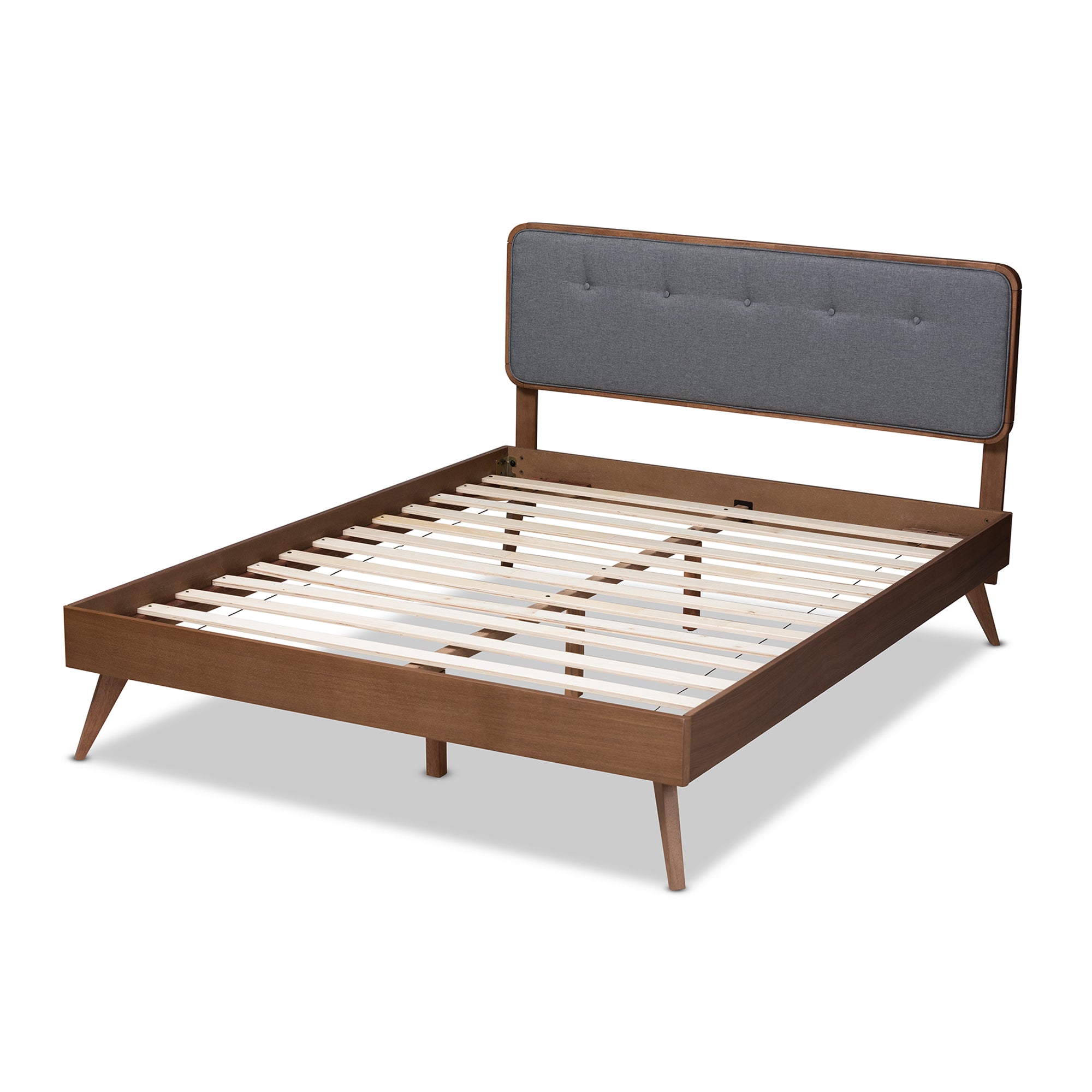 Dilara Mid-Century Modern Dark Grey Fabric Upholstered Walnut Brown Finished Wood Queen Size Platform Bed