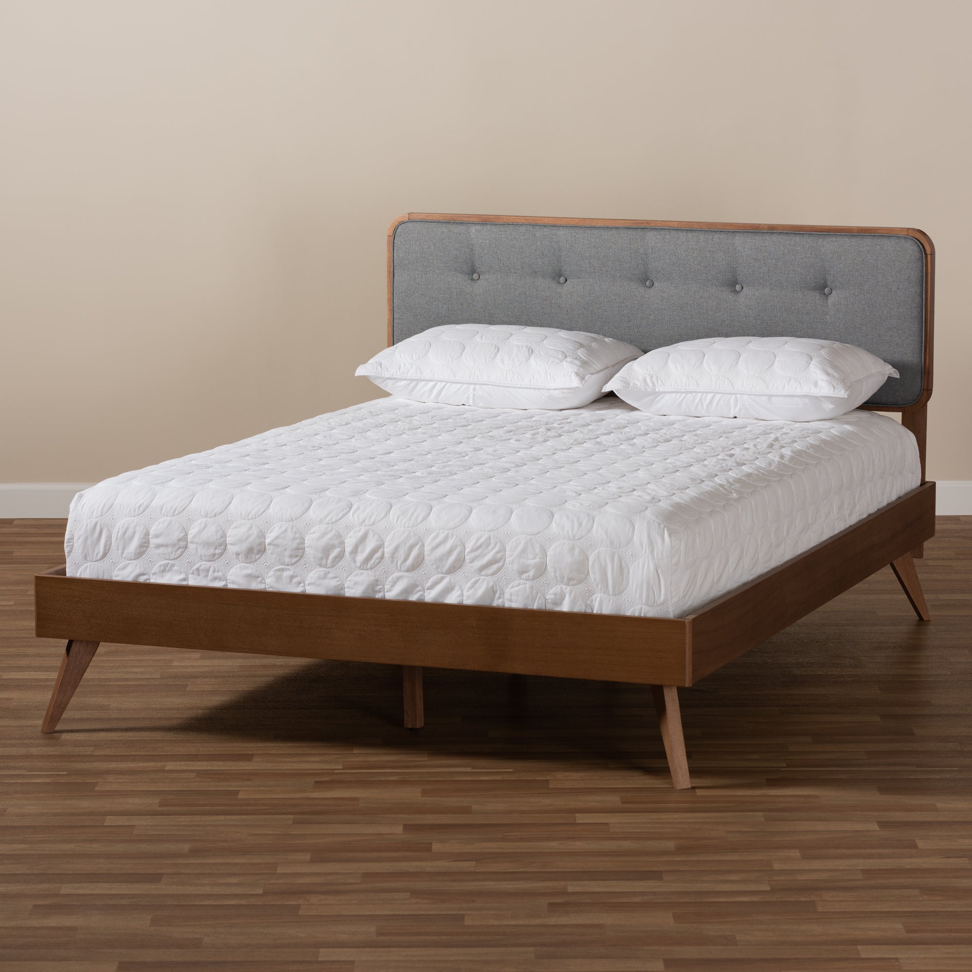 Dilara Mid-Century Modern Dark Grey Fabric Upholstered Walnut Brown Finished Wood Queen Size Platform Bed