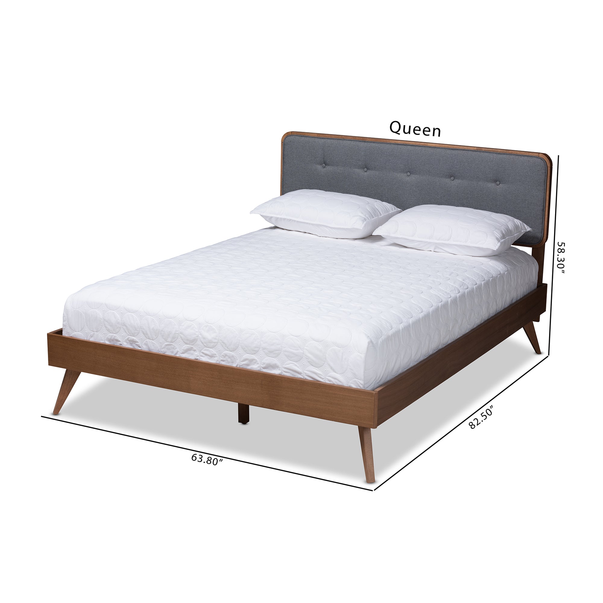 Dilara Mid-Century Modern Dark Grey Fabric Upholstered Walnut Brown Finished Wood Queen Size Platform Bed